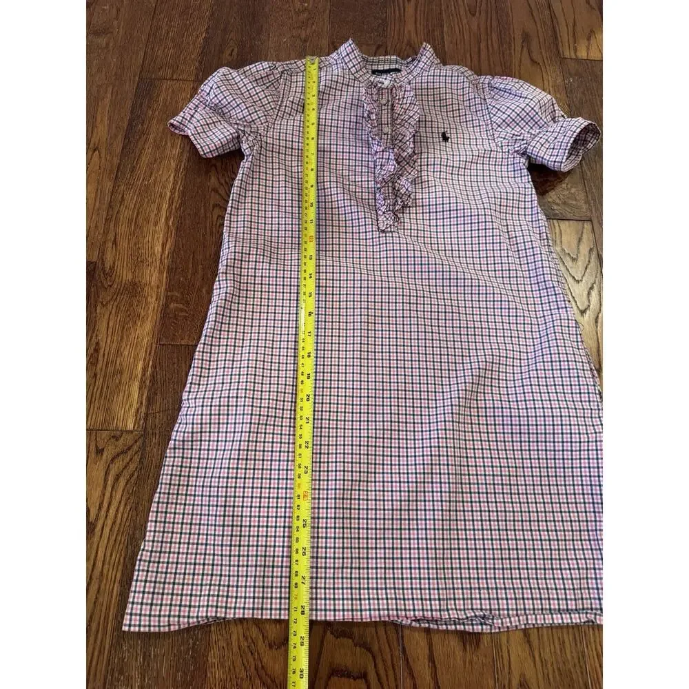 Ralph Lauren Girls 12 Ruffle Shirt Dress Pink Navy Polo Pony Plaid Puff Sleeves